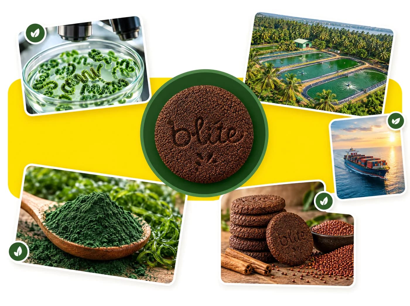 From pond to pack: spirulina under a microscope, the spirulina ponds among coconut palms in Kerala, spirulina powder, B-lite cookies with cinnamon and millet, and a container ship, around a B-lite cookie.