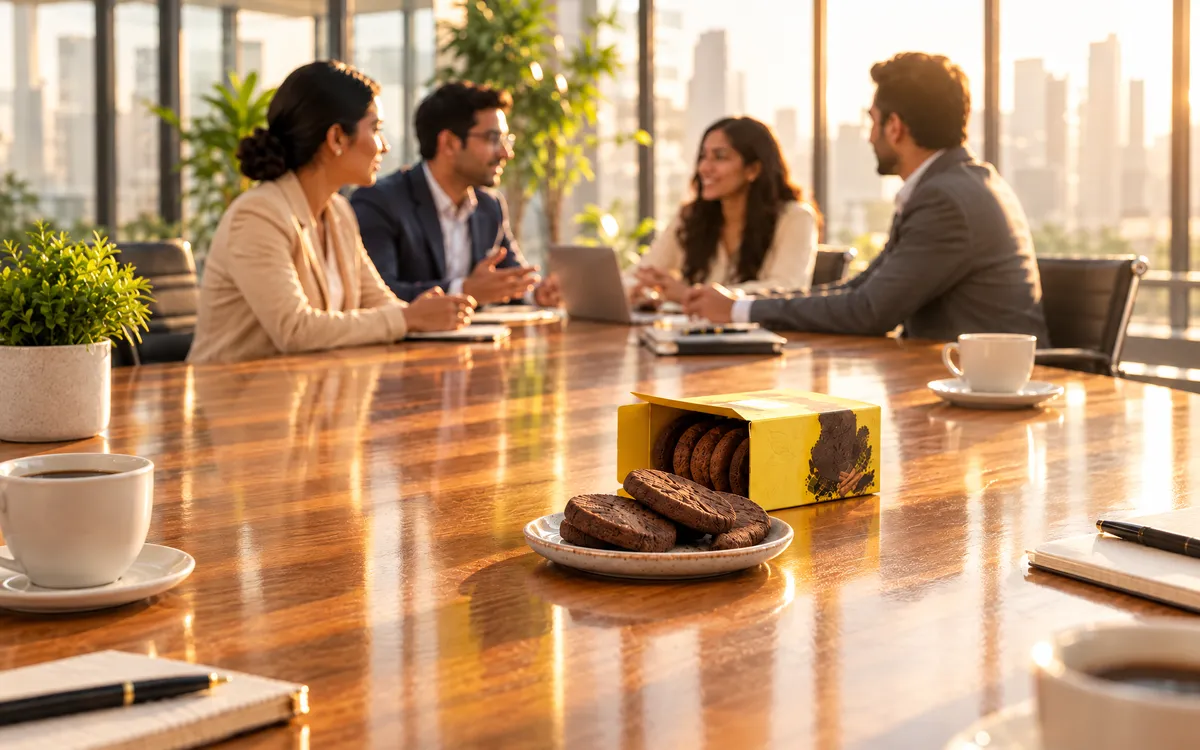 An open box of B-lite cookies and a plate of cookies on a sunlit boardroom table, colleagues talking behind it