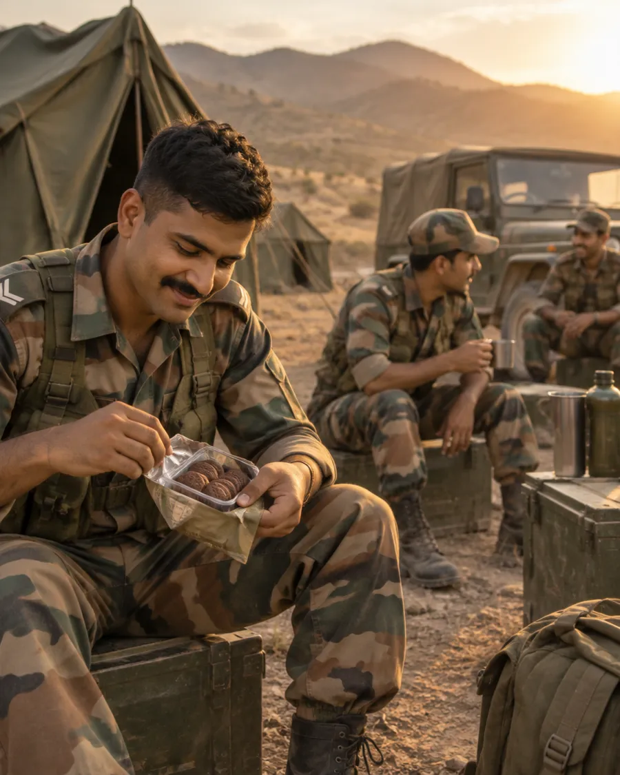 Soldiers at a field camp at golden hour, one opening a ration pack of cookies