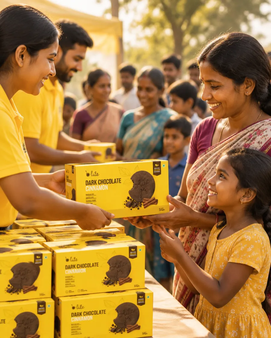 Volunteers handing boxes of B-lite cookies to a mother and daughter at a community relief centre, more boxes stacked in front