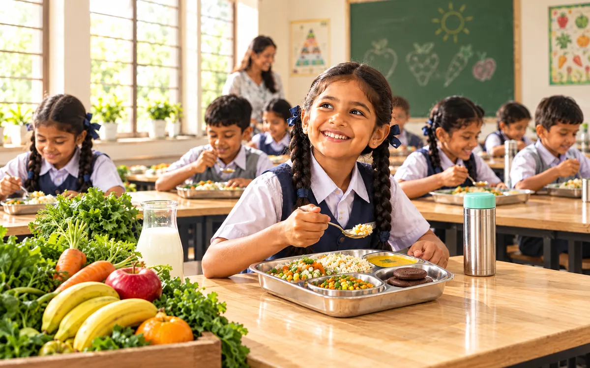 A smiling schoolgirl eating a school meal from a steel tray with two cookies in it, classmates and a teacher behind her